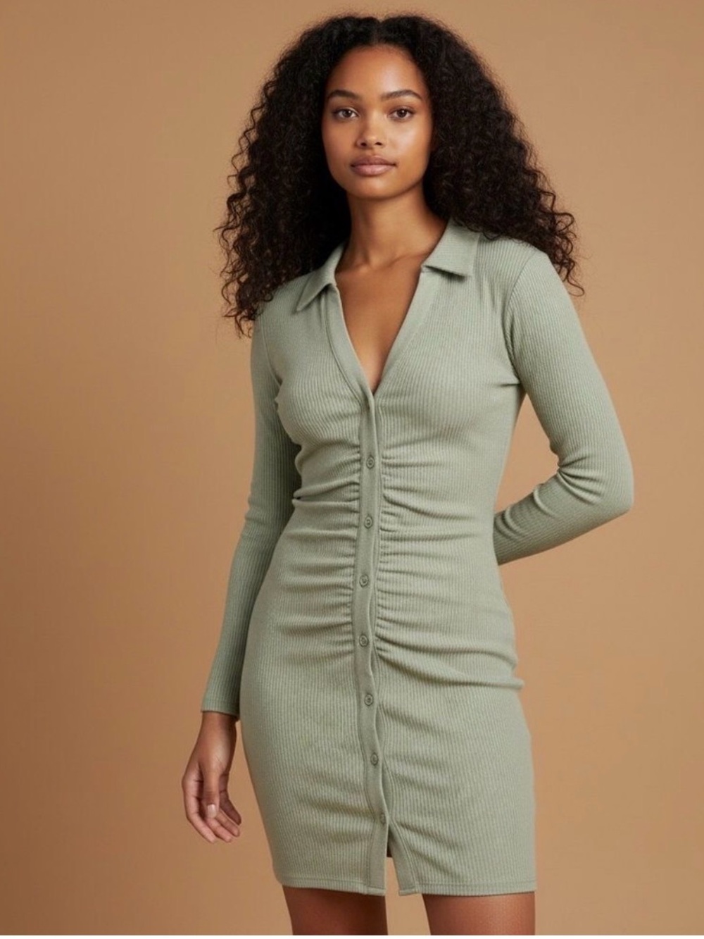 Abercrombie & Fitch Sage Ribbed Button-Front Long-Sleeve Dress